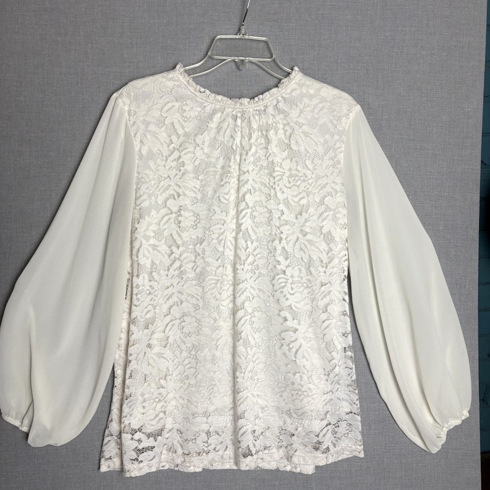 Lace Blouse Top Sz‎ 1X Winter White Billow Sleeves Coquette Plus Office Academia